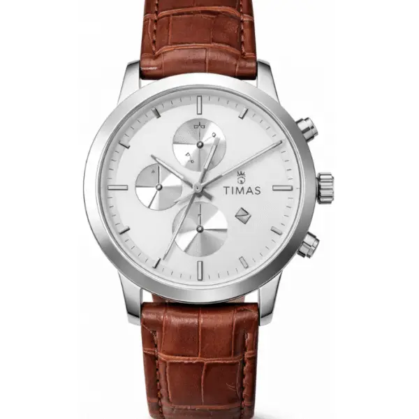 TIMAS WATCH FOR MEN - Leather Strap Brown - Silver Dial - Quartz Watch for Gents